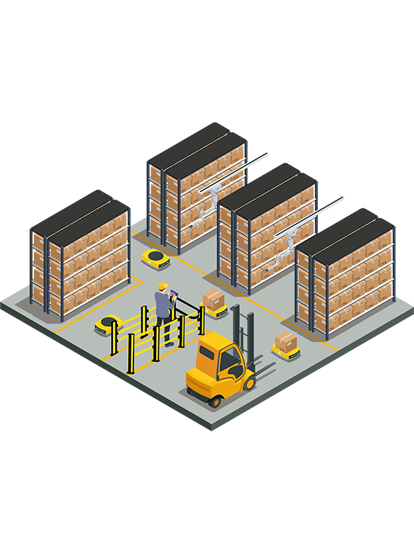 Warehouse with shelving, mobile robots, forklift, and worker behind safety barriers