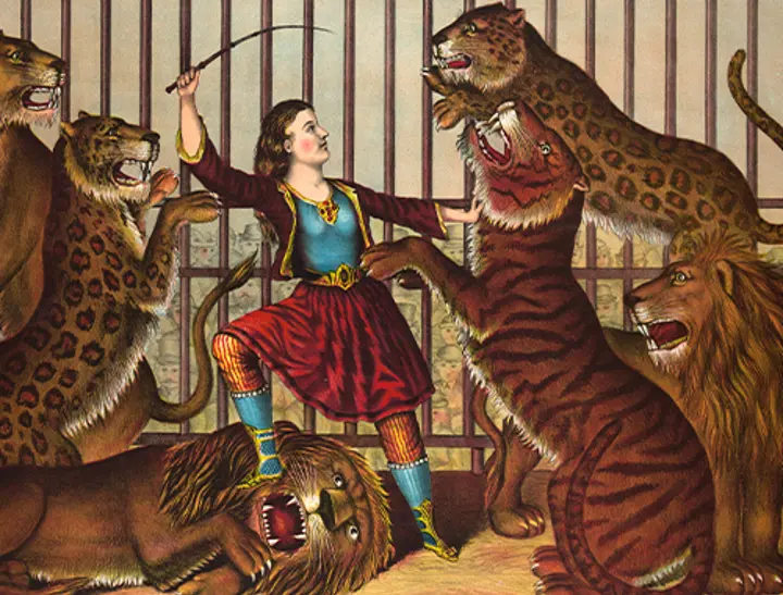 “Locked in a cage together with a lion”  “Locked in a cage together with a lion”