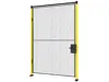 Full view on a single hinge door with black mesh panel and yellow frame with a cylinder handle lock mounted